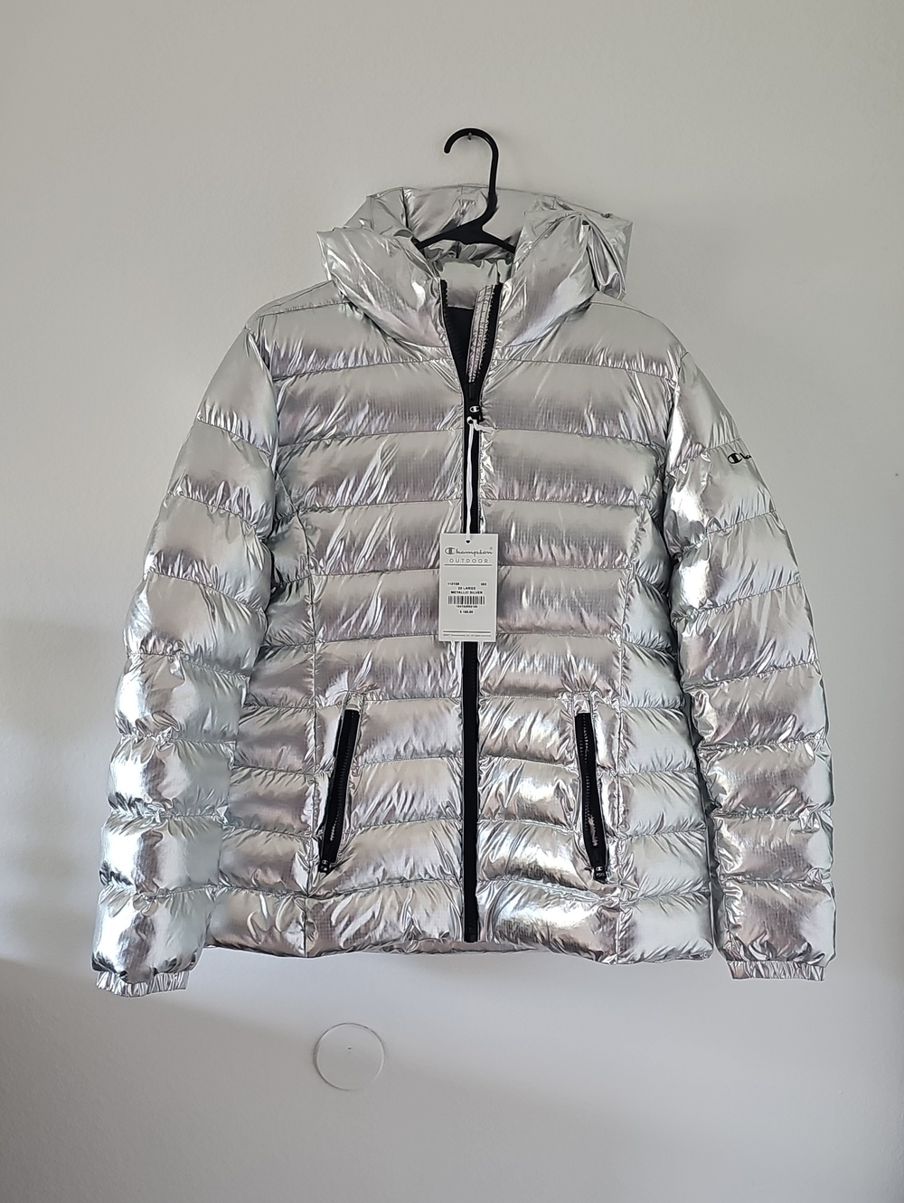 ●●CHAMPION SILVER METALLIC HOODIE PUFFER "TECH-FILL" PUFFER NWT S 2X●●